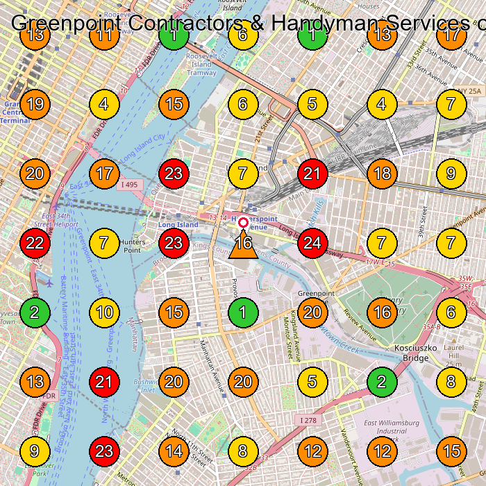 Greenpoint Contractors & Handyman Services of Brooklyn General Contractor GeoGrid ranking map for Brooklyn NY
